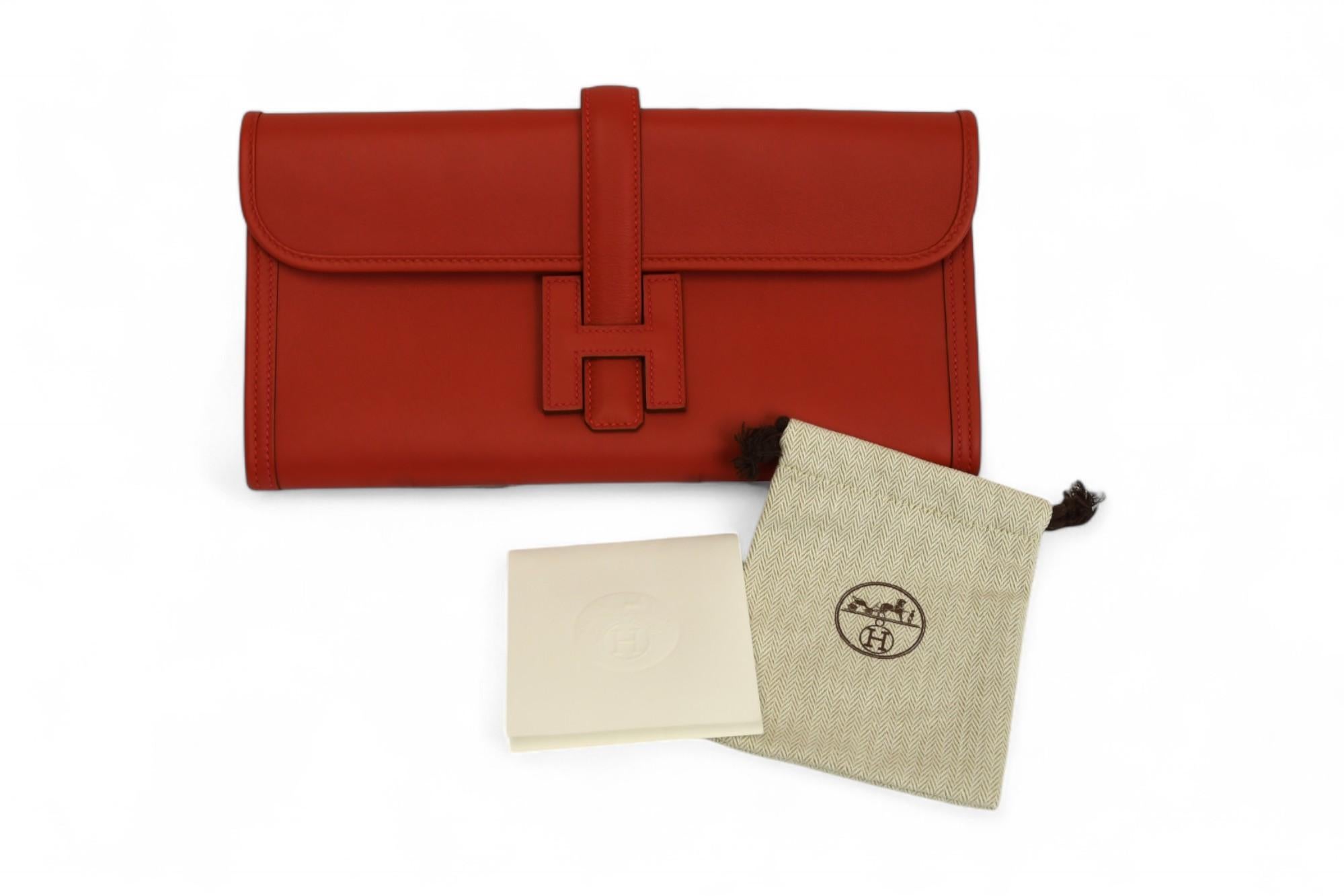 Hermès Jige Élan 29 Clutch  Rouge Casaque Leather with H Closure For Sale 1
