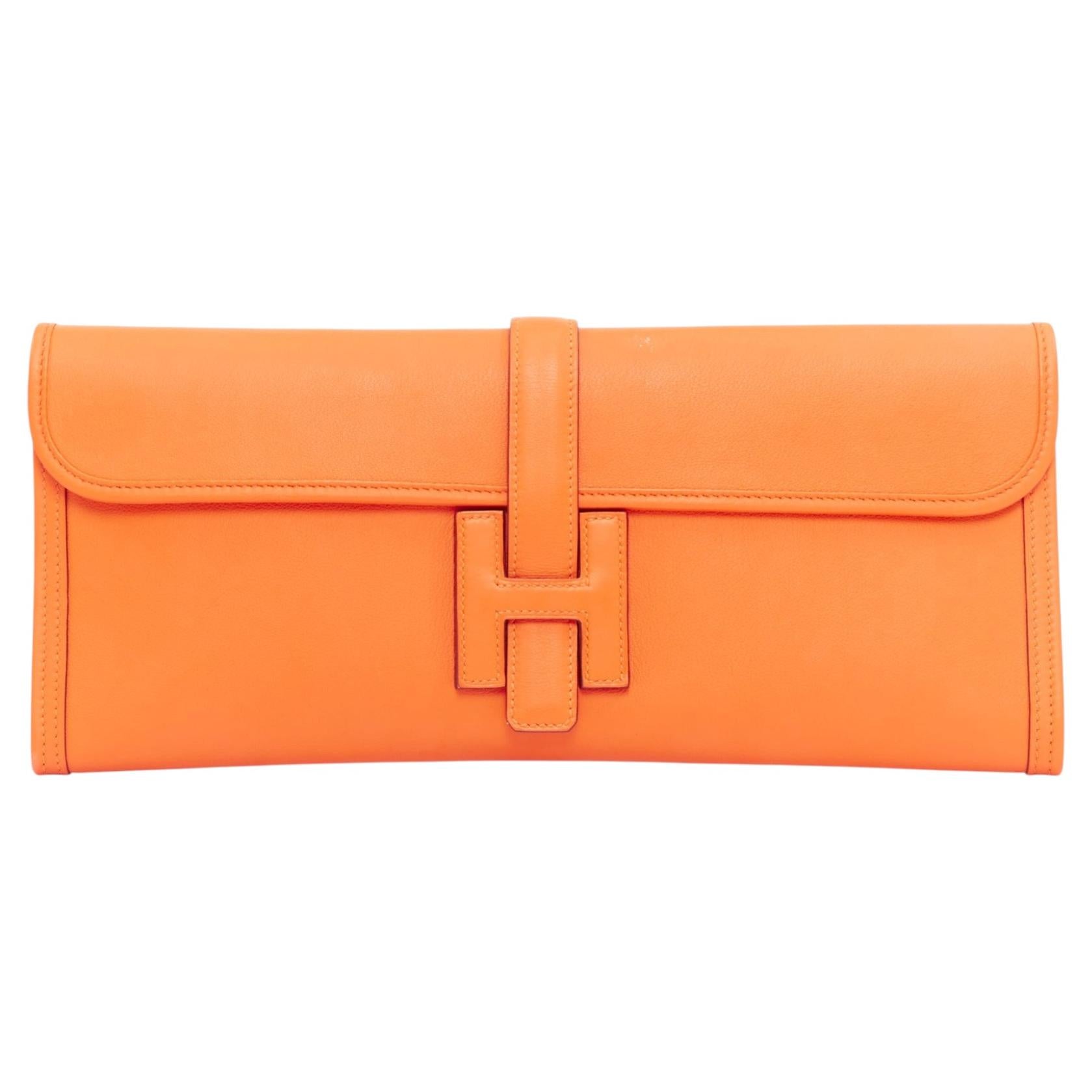 Borsa a busta allungata HERMES Jige Elan 35 in pelle arancione Swift