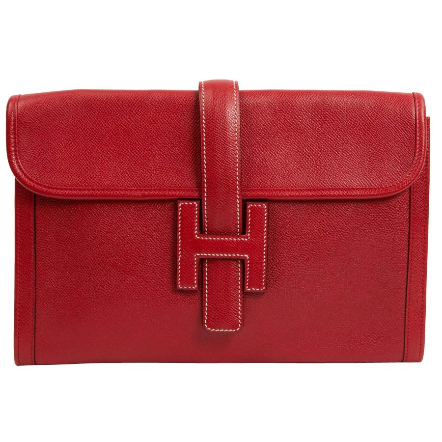 HERMES Jige Grained Courchevel Red Leather Clutch