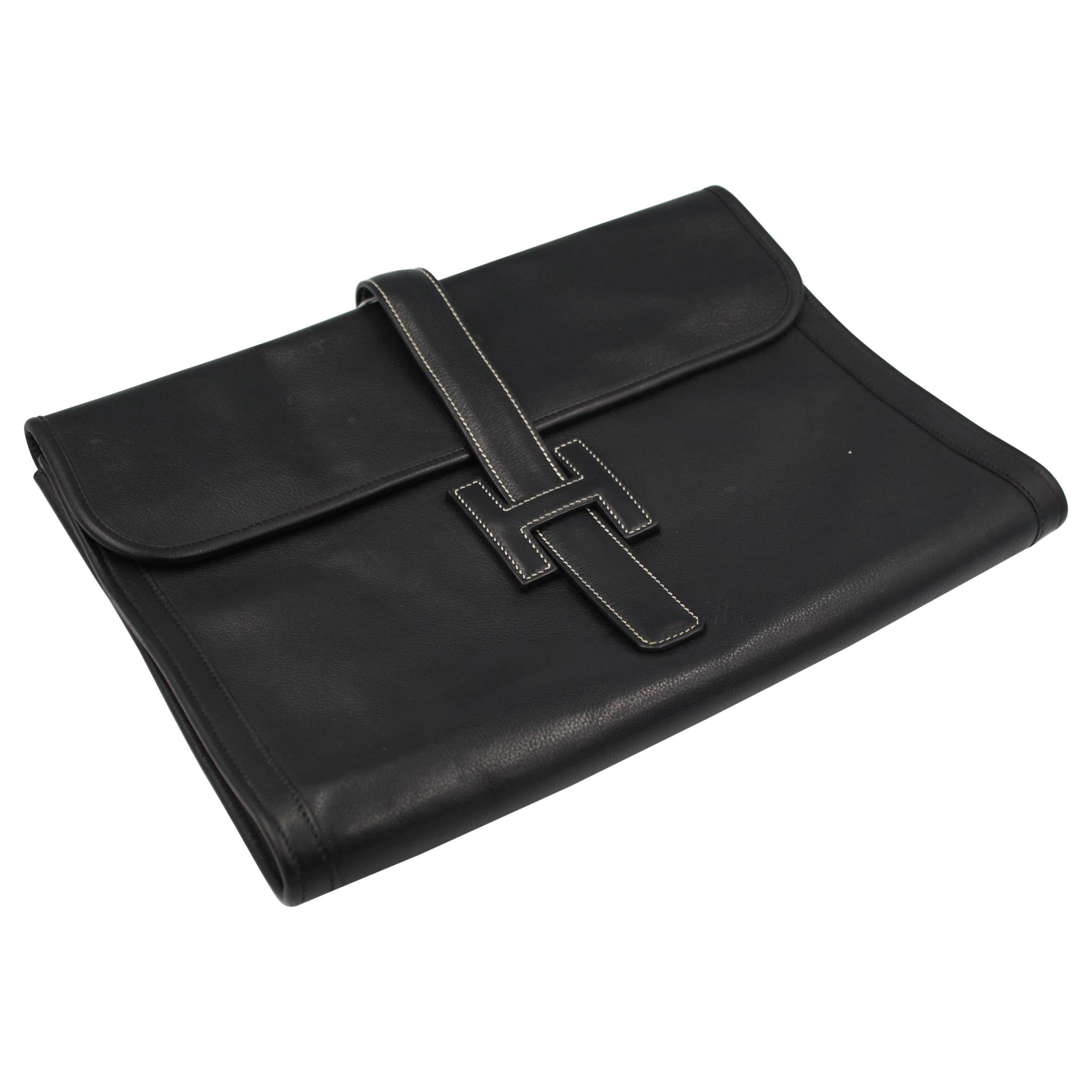 Hermes Jige XL A4 Clutch in Black Grained  Leather