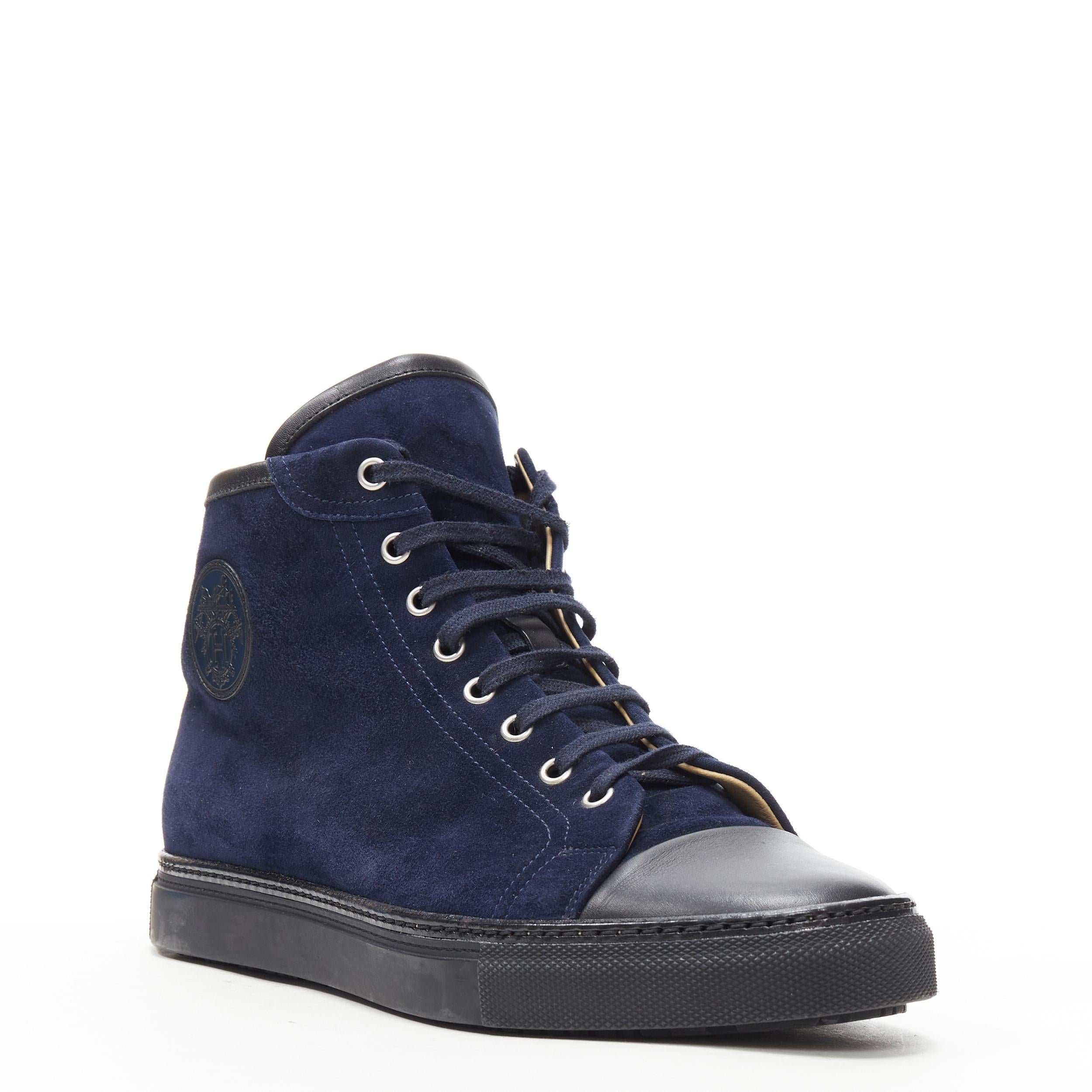 HERMES Jimmy navy blue suede H logo stamp high top sneakers EU41 
Reference: TGAS/B00982 
Brand: Hermes 
Model: Jimmy high top 
Material: Suede 
Color: Navy 
Pattern: Solid 
Closure: Lace Up 
Extra Detail: Jimmy high top. Navy suede with black