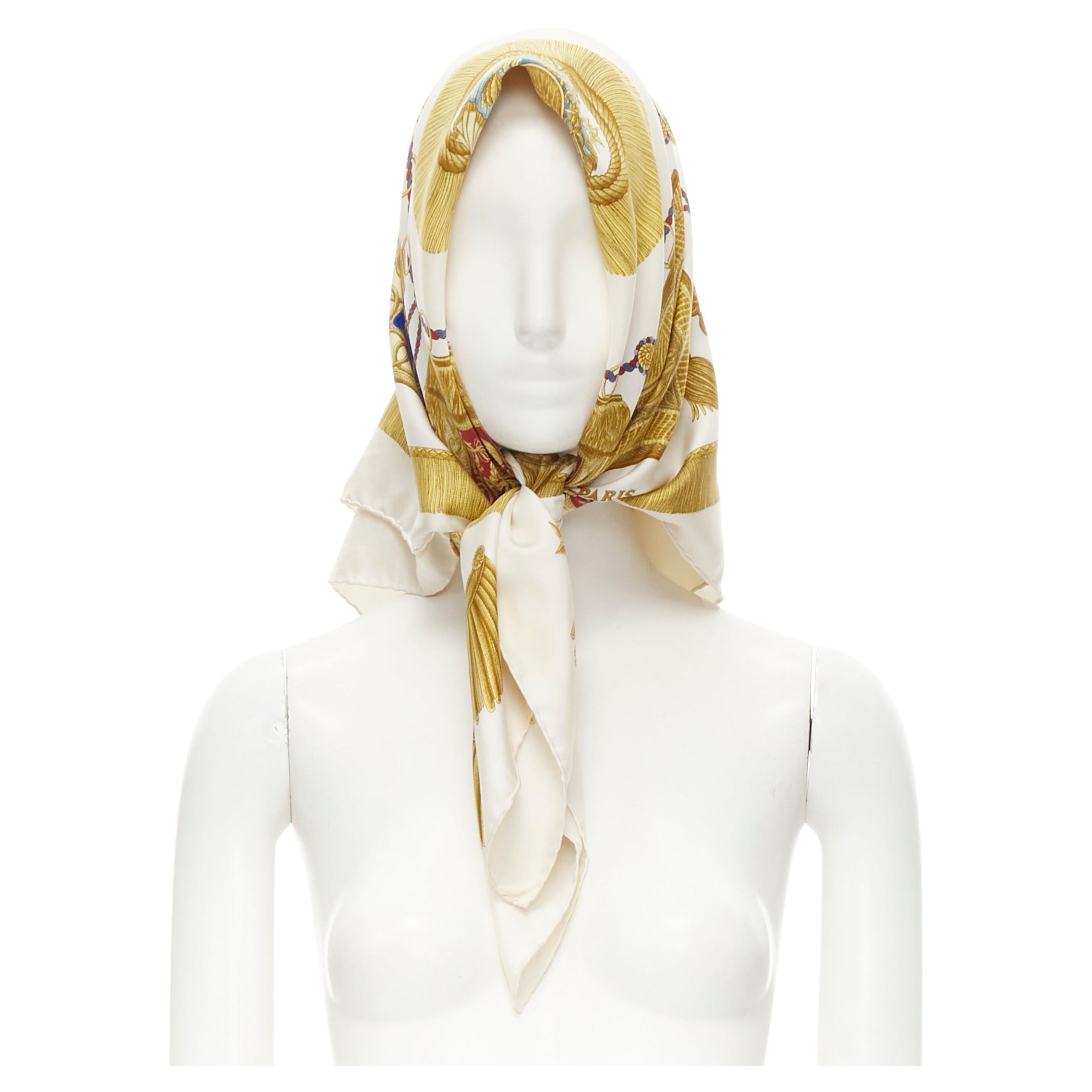 HERMES Joachim Metz 1989 "Ivory Poste et Cavalerie" print silk scarf For Sale