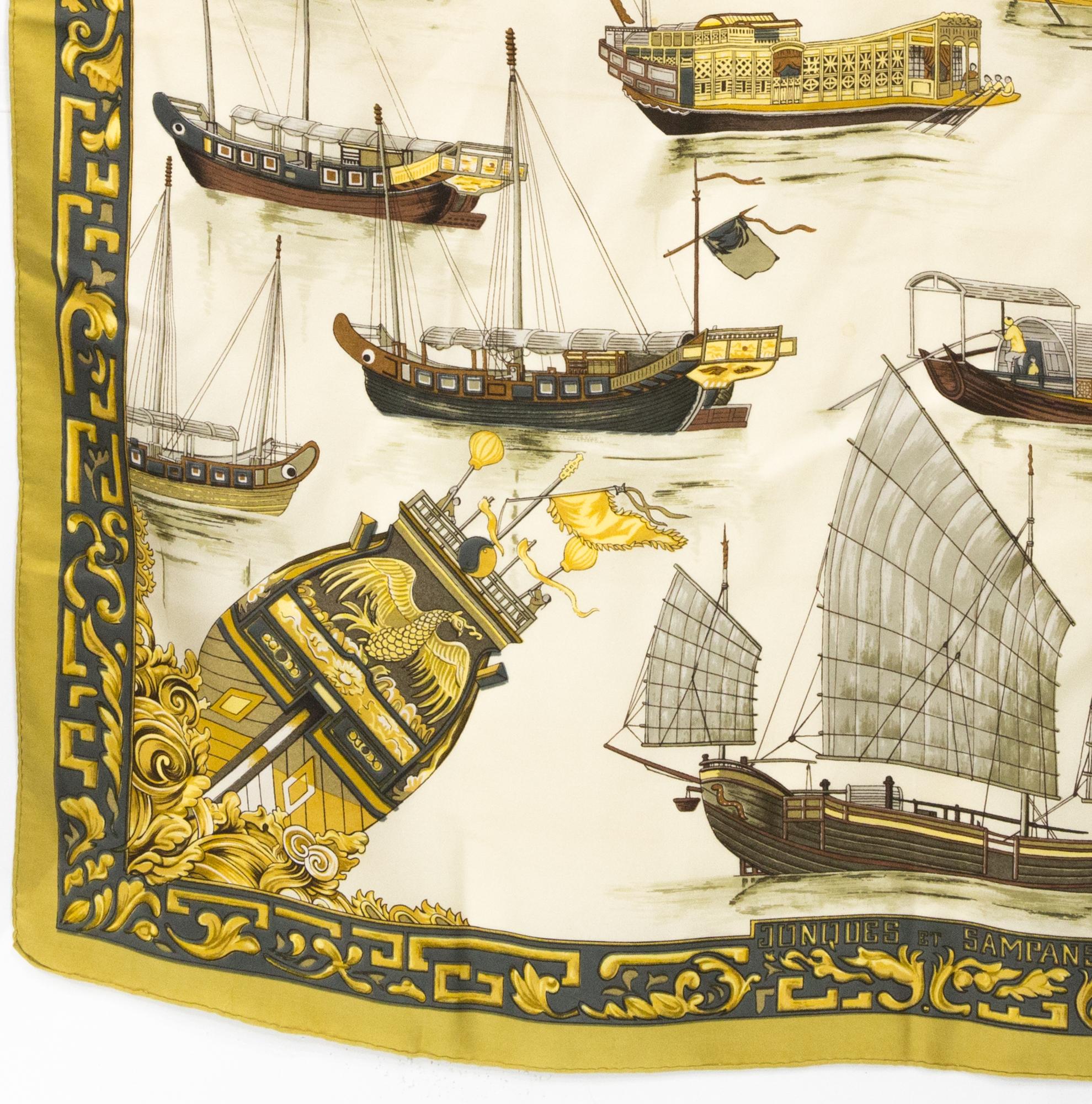 Hermes Jonques et Sampans by F. de la Perriere Silk Scarf In Good Condition For Sale In Paris, FR
