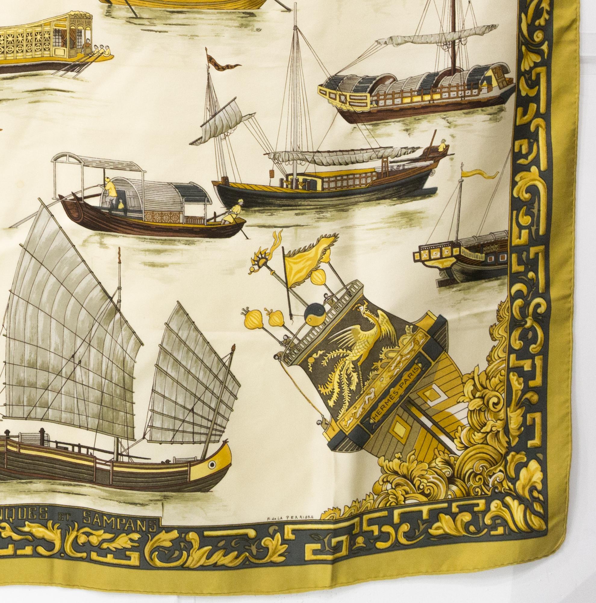 Women's or Men's Hermes Jonques et Sampans by F. de la Perriere Silk Scarf For Sale