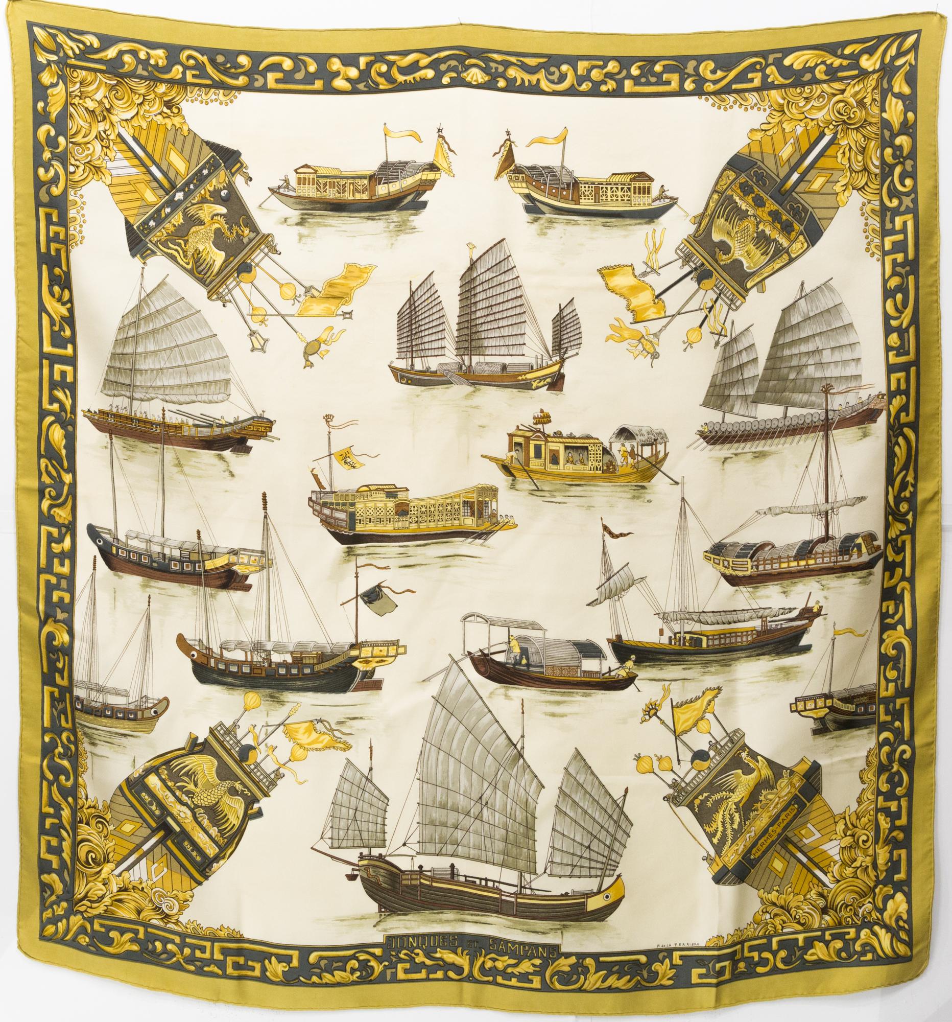 Foulard en soie Hermes Jonques et Sampans by F. de la Perriere en vente 3