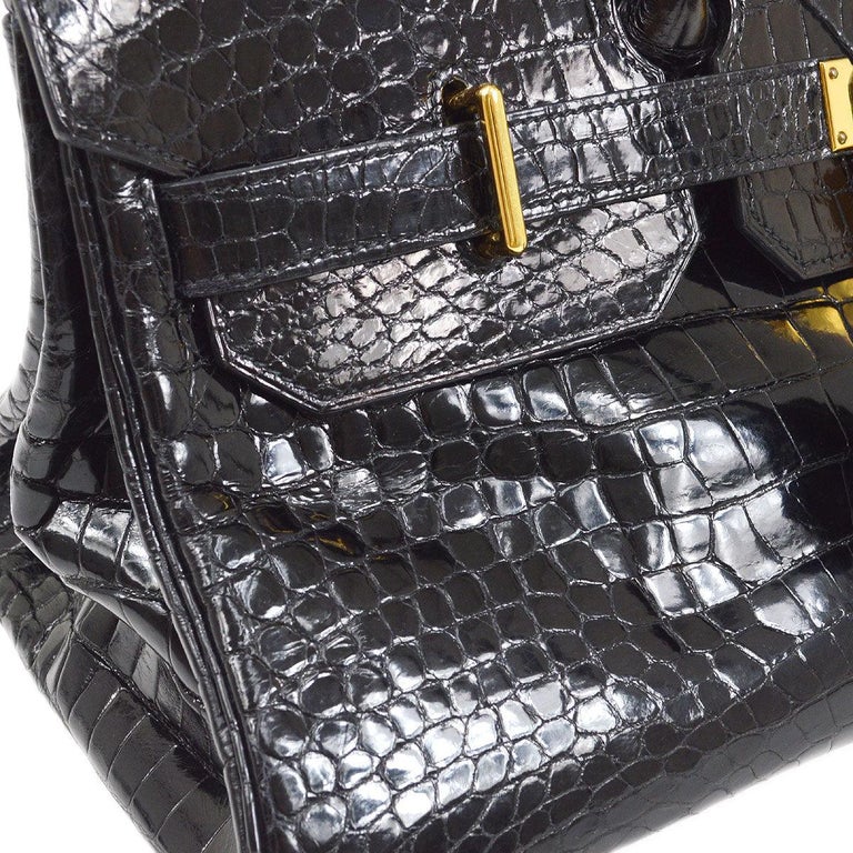 HERMES JPG Birkin Black Porosus Crocodile Exotic Gold Top Handle Tote Bag  For Sale at 1stDibs