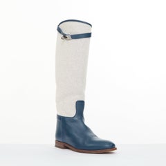 HERMES Jumping beige canvas navy blue leather Kelly buckle riding boots EU37.5