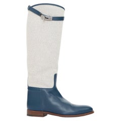 HERMES Jumping beige canvas navy blue leather Kelly buckle riding boots EU37.5