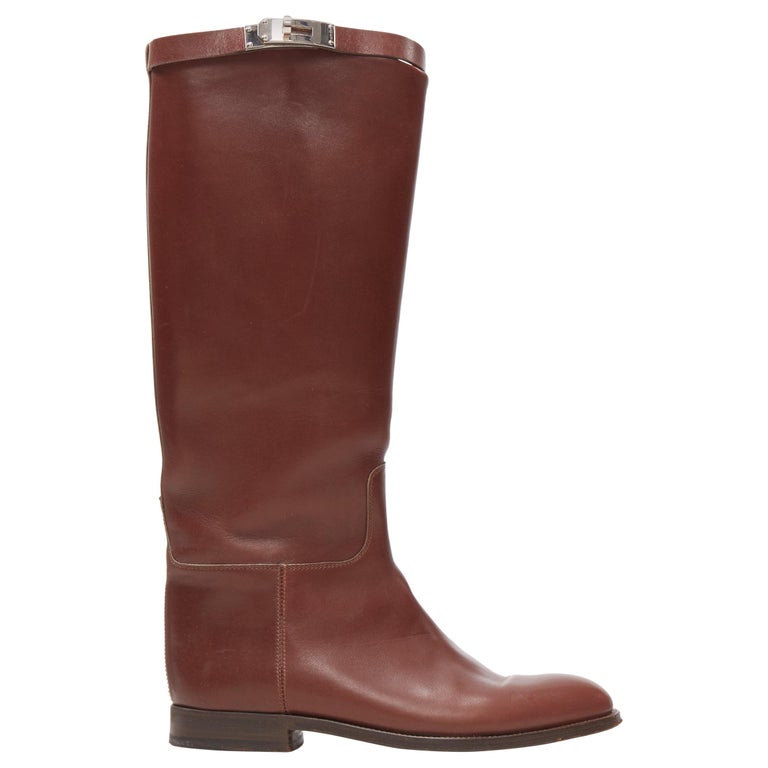 HERMES Jumping Kelly brown leather silver buckle strap flat ridiing boots  EU39 at 1stDibs