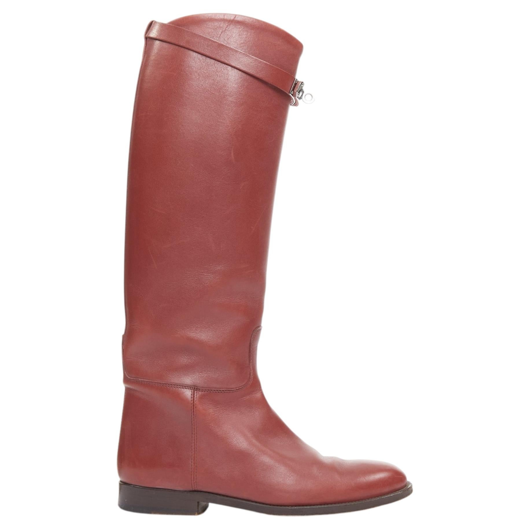 HERMES Stivali da equitazione Jumping Kelly in pelle di vitello bordeaux con chiusura a girello argentata, taglia 37