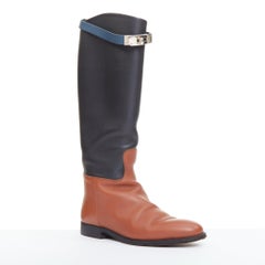 HERMES Jumping Kelly tri-color black brown navy calfskin riding boots EU37