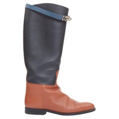 HERMES Jumping Kelly tri-color black brown navy calfskin riding boots EU37