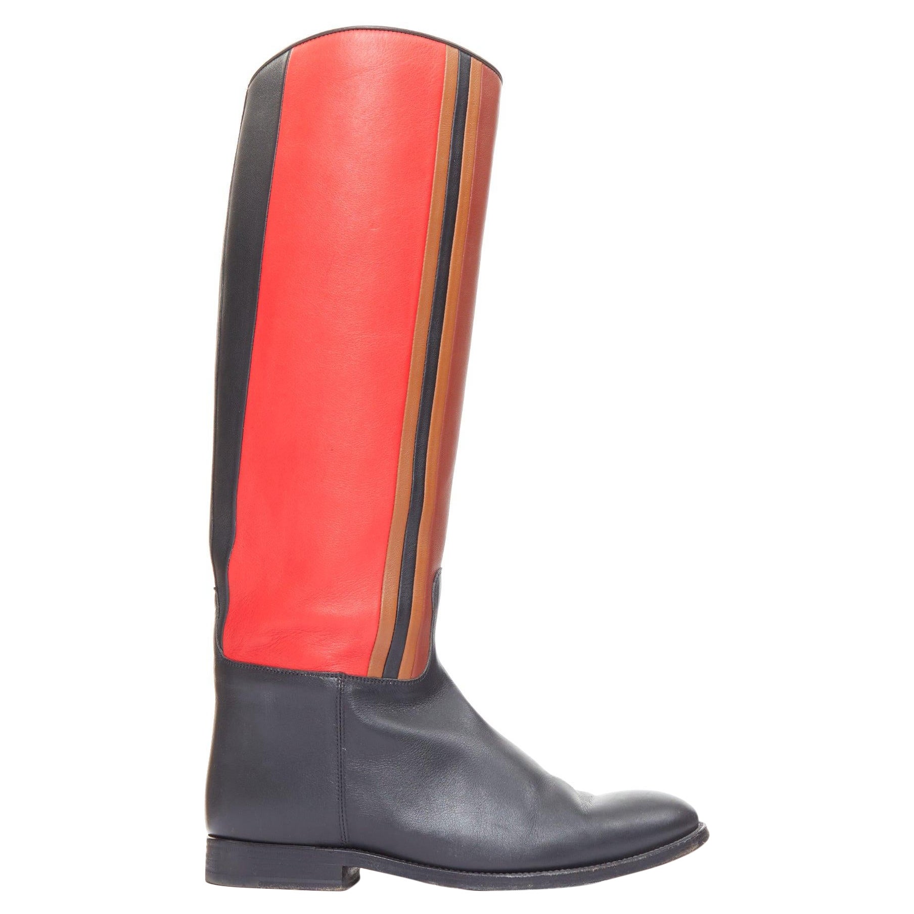 HERMES Jumping Limited rouge bleu colorblocked leather tall riding boots EU37.5 en vente