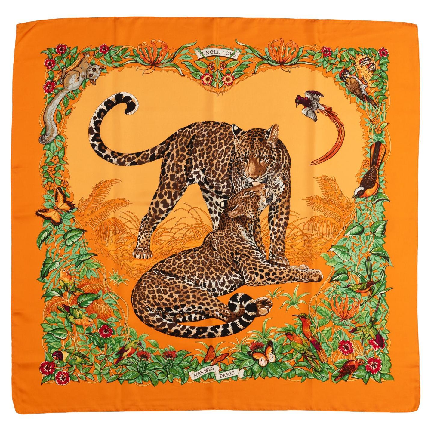 Hermes "Jungle Love" Orange Silk Scarf For Sale
