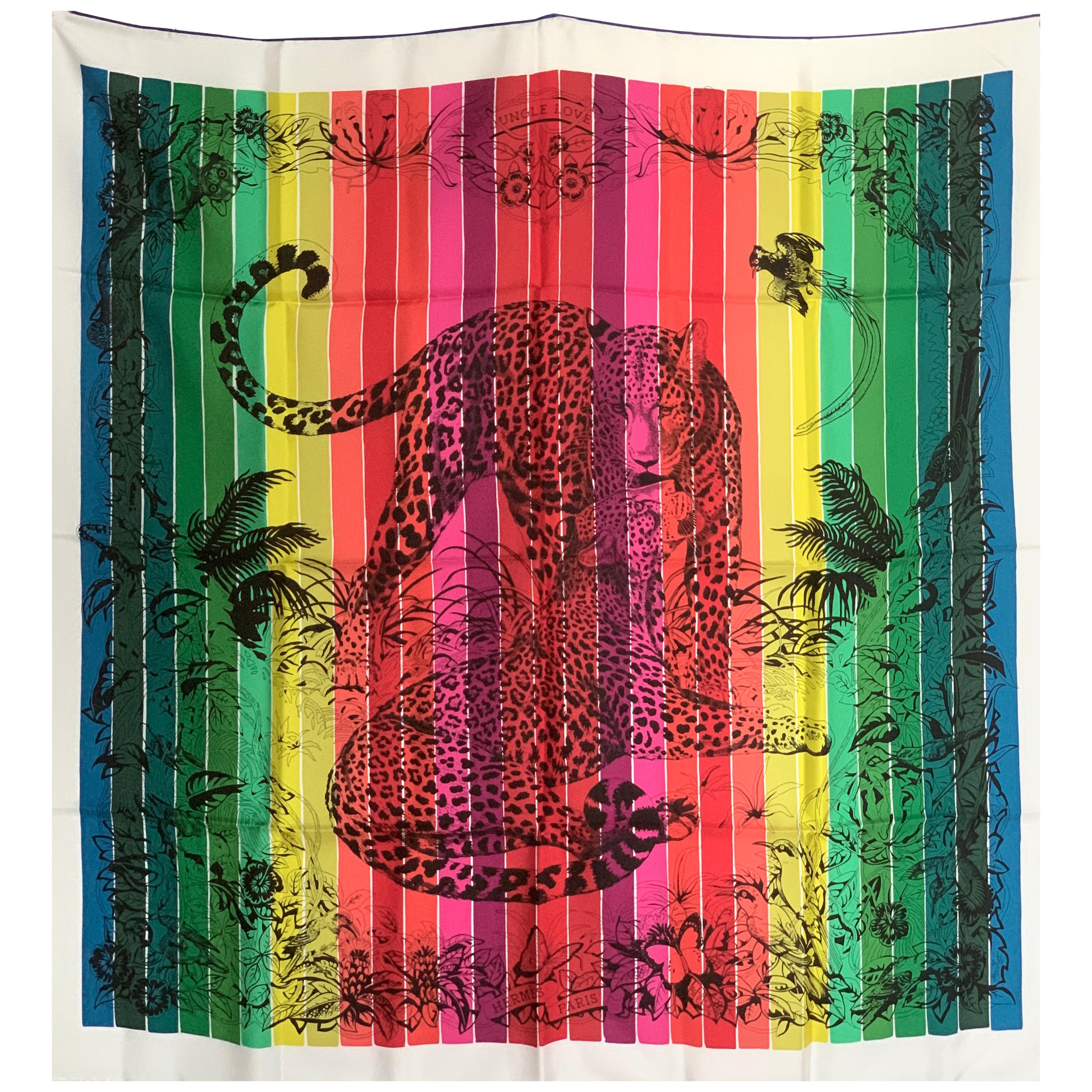 Hermes Jungle Love Rainbow Silk Scarf 90cm New Robert Dallet White 03