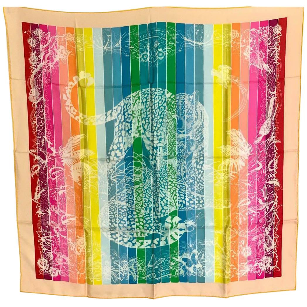 Hermes Jungle Love Rainbow Foulard en soie 90cm Nouveau Robert Dallet Blanc