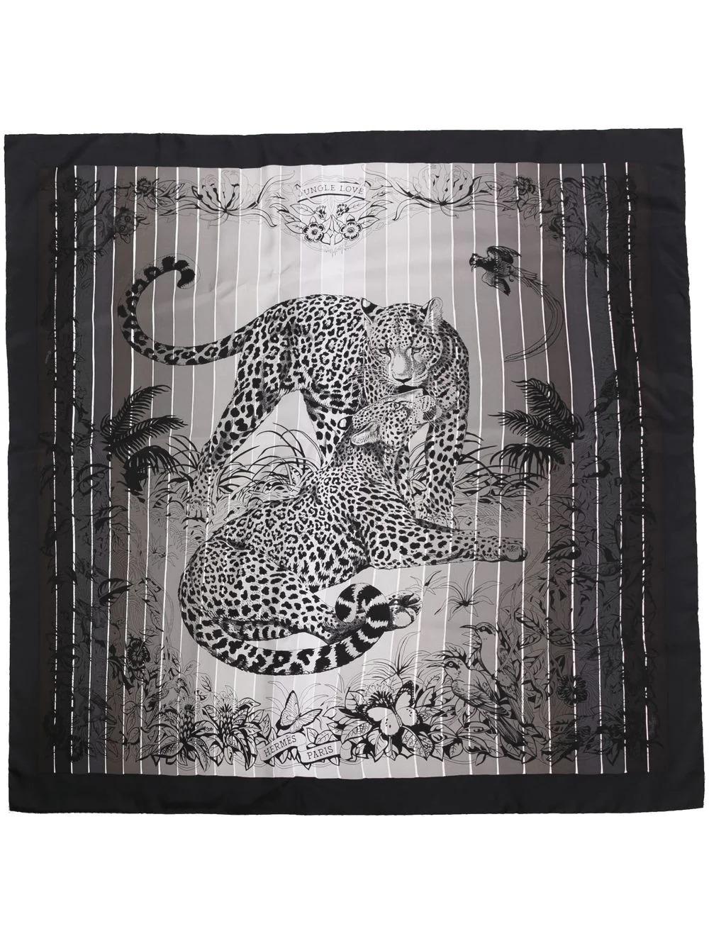 Designed by Robert Dallet, depicting one of its most famous drawings, Jungle Love has been reinvented on a filter of a white and black striped background. This pre-owned scarf shows a tender scene between two leopards approaching and observing each