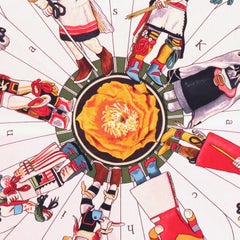Hermès "Kachinas" 90cm White & Multi Color Silk Scarf by Kermit Oliver, 2004.