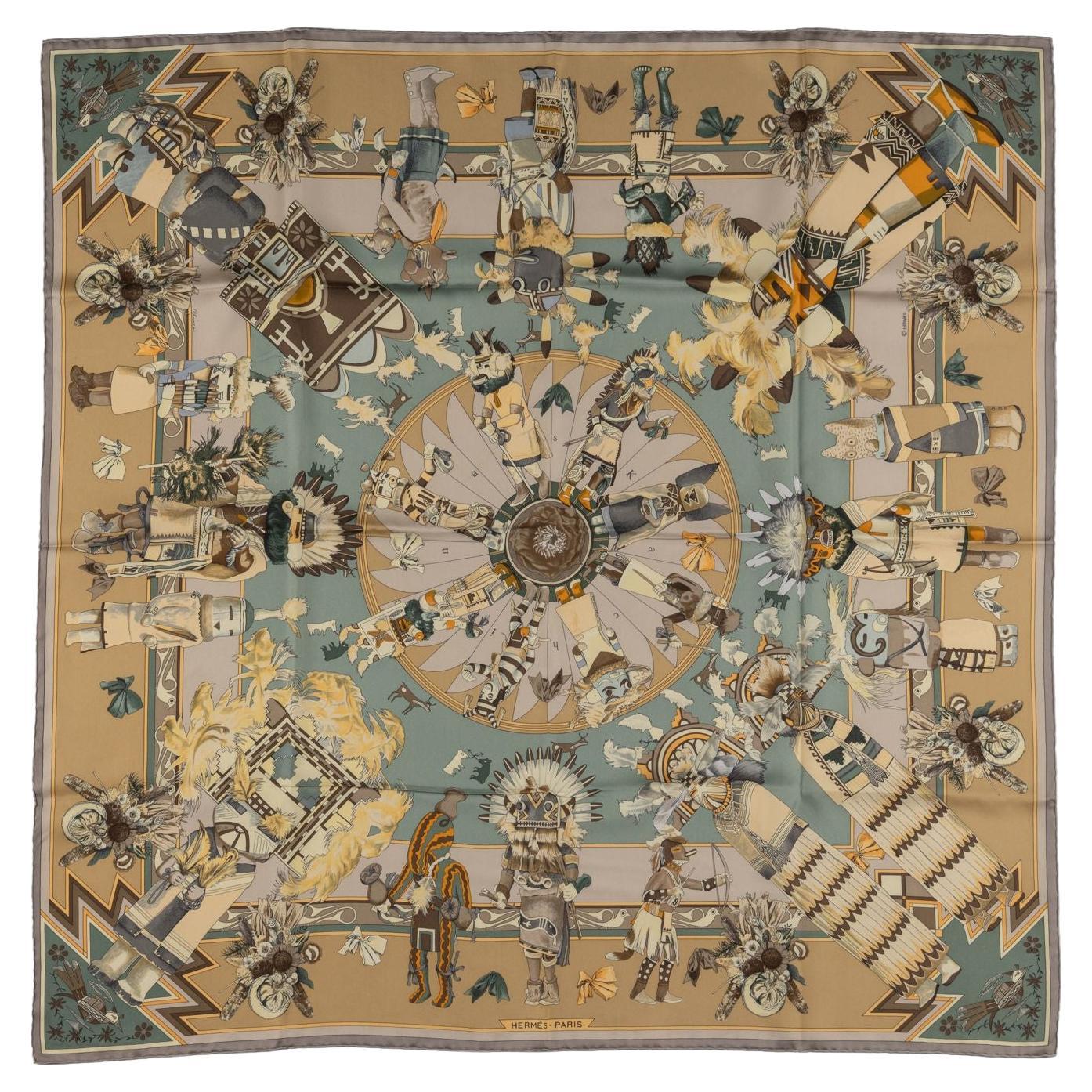 Hermès "Kachinas" Beige Silk Scarf