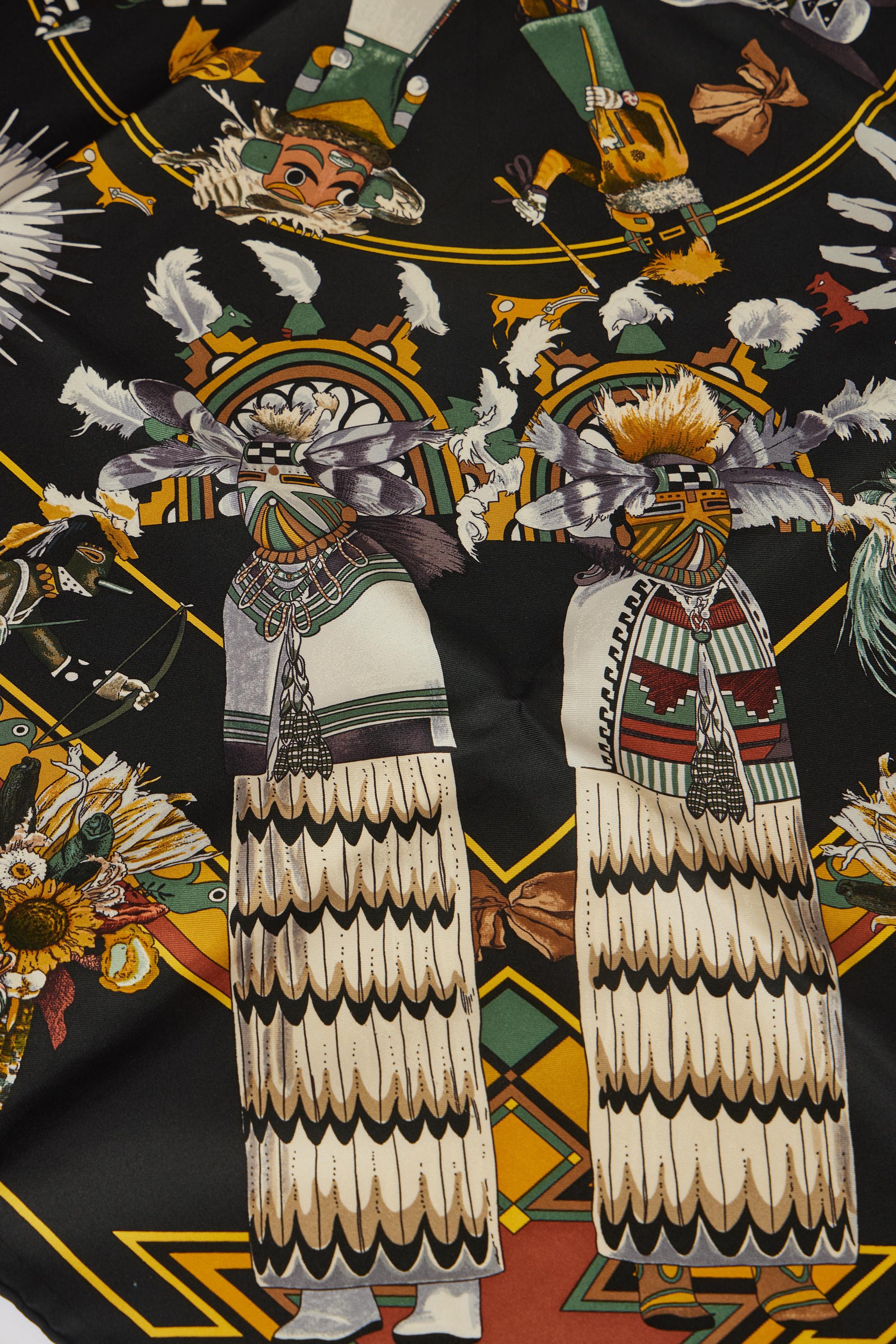Hermès Kachinas by Oliver Black Silk Scarf  In Excellent Condition For Sale In West Hollywood, CA