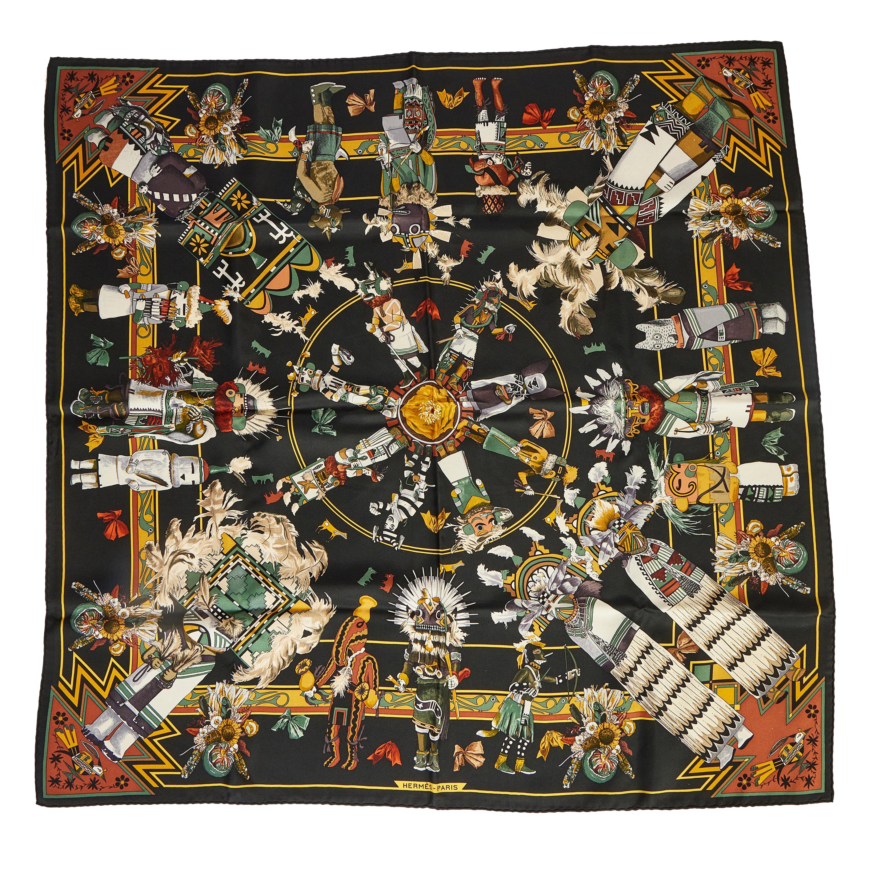Pañuelo de seda negro Hermès Kachinas by Oliver