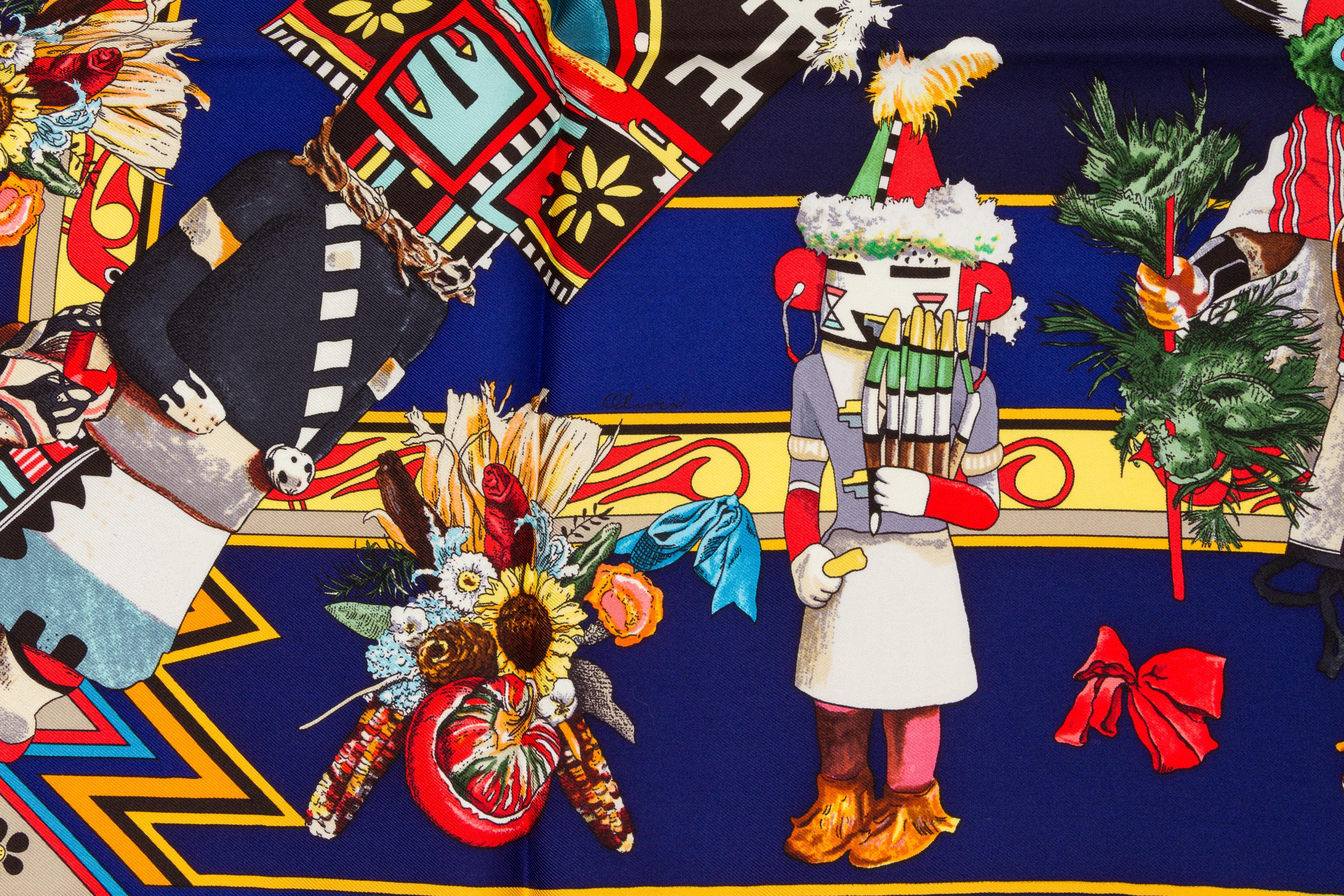 Black Hermès Kachinas Collectible Blue Silk Twill Kermit Oliver Scarf in Box For Sale