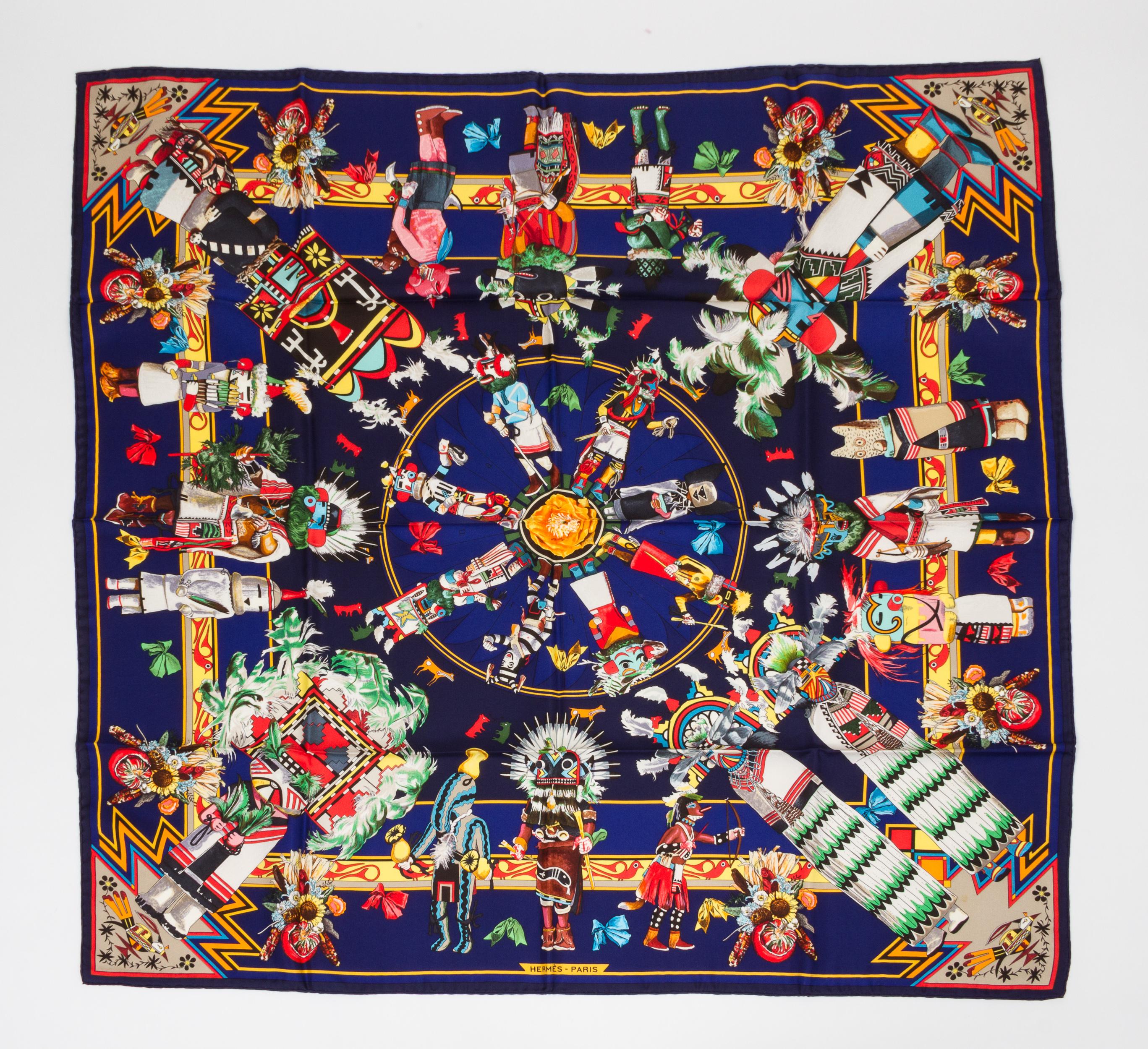Hermès Kachinas Collectible Blue Silk Twill Kermit Oliver Scarf in Box In Excellent Condition For Sale In West Hollywood, CA
