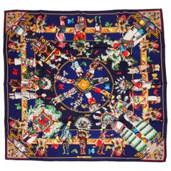 Hermès Kachinas Collectible Blue Silk Twill Kermit Oliver Scarf in Box