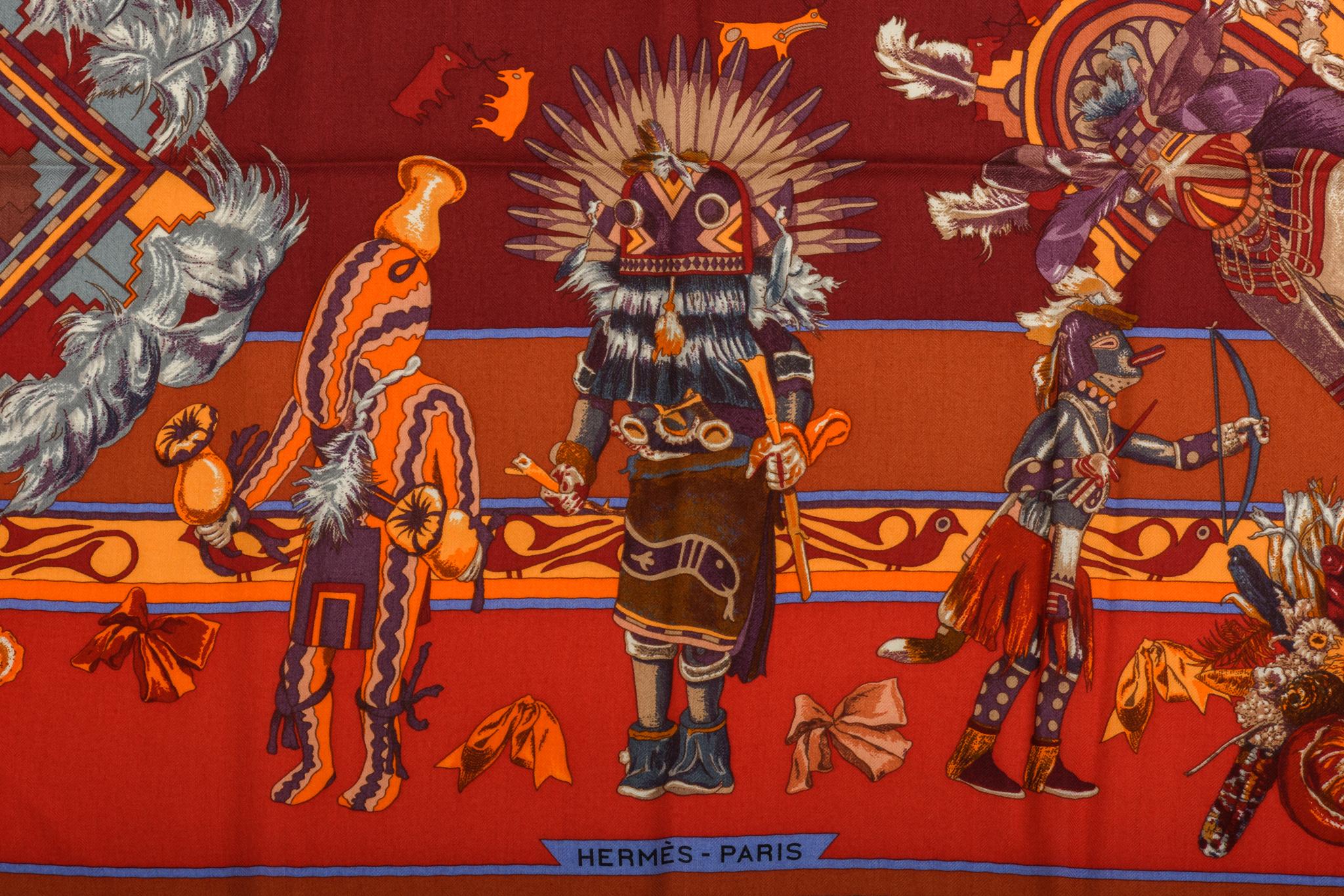 Women's Hermes Kachinas Orange Red Cashmere Shawl Kermit Oliver