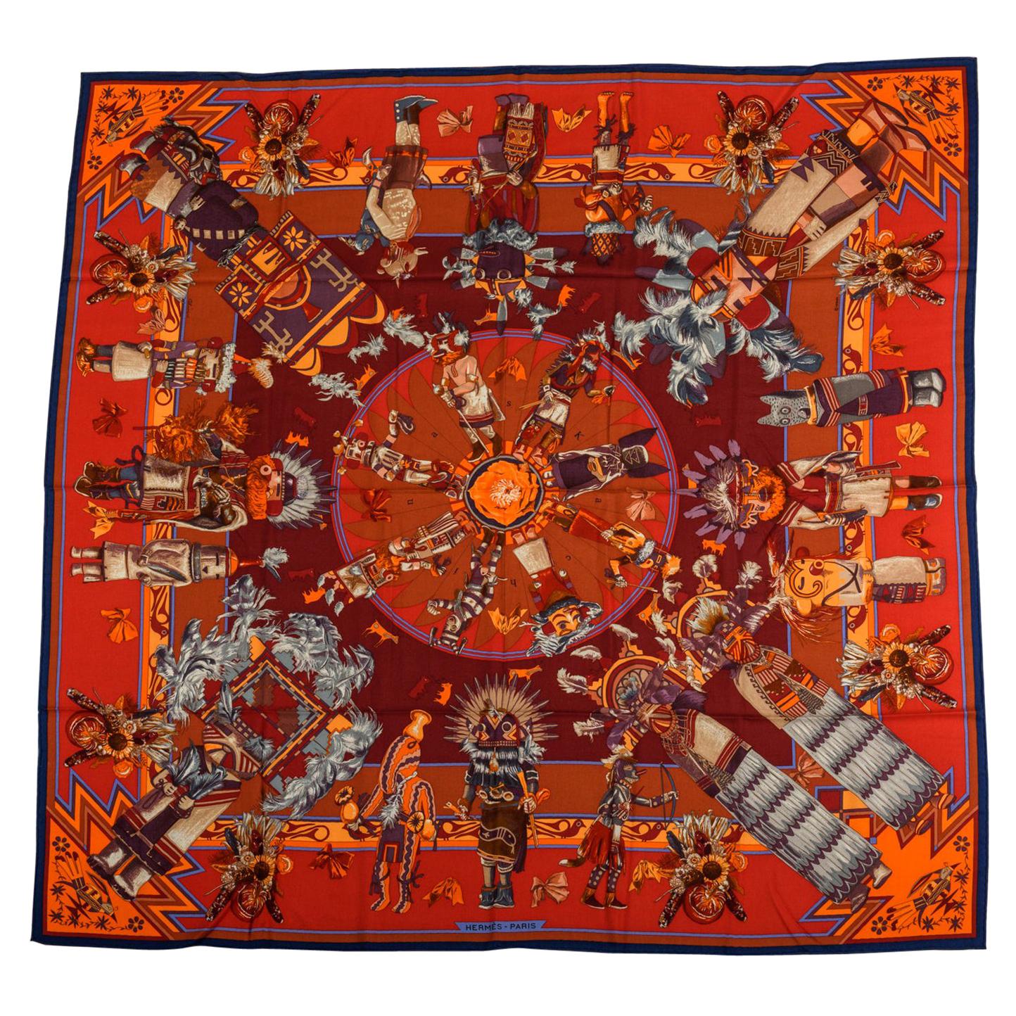 Hermes Kachinas Orange Red Cashmere Shawl Kermit Oliver