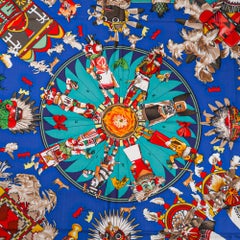Hermes Kachinas Shawl 140 Bleu Royal Cashmere Silk Scarf New