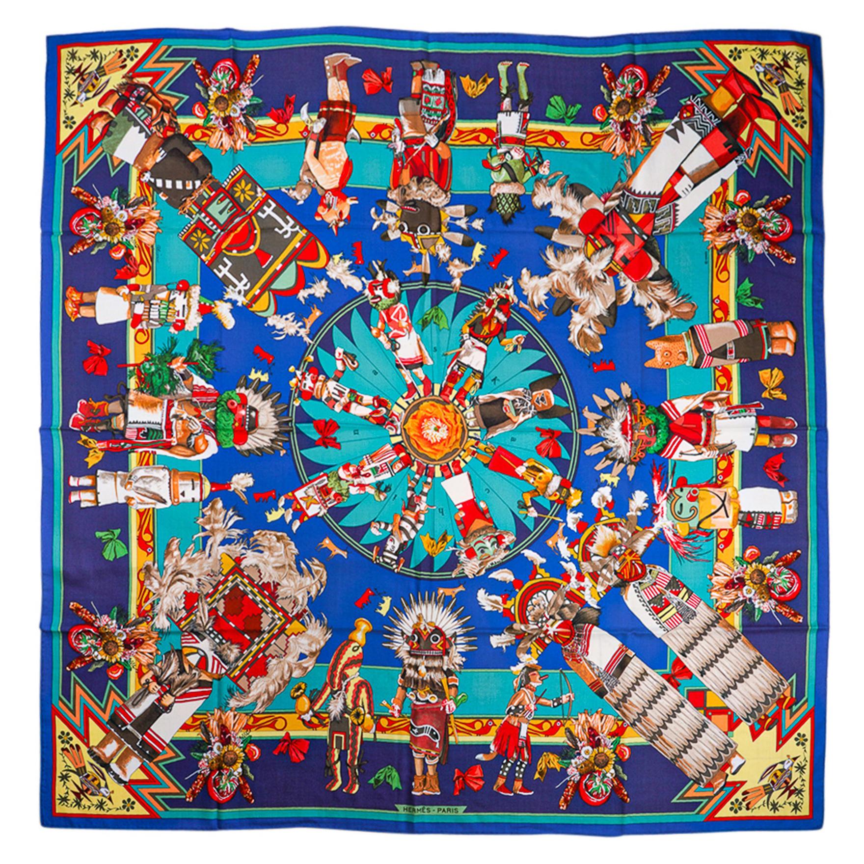 Hermes Blue, Orange and White Silk Print Scarf For Sale at 1stDibs