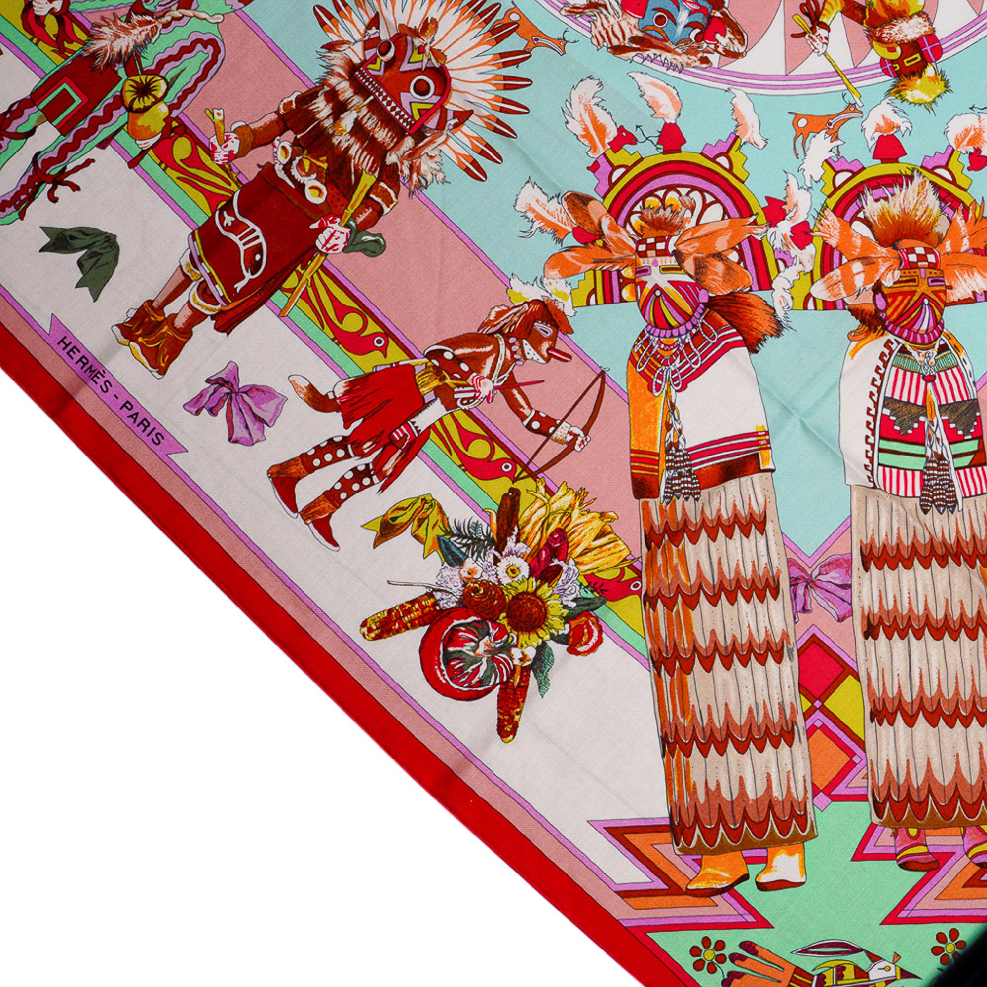 Hermes Kachinas Shawl 140 Pink / Seafoam Cashmere Silk Scarf New For Sale 1