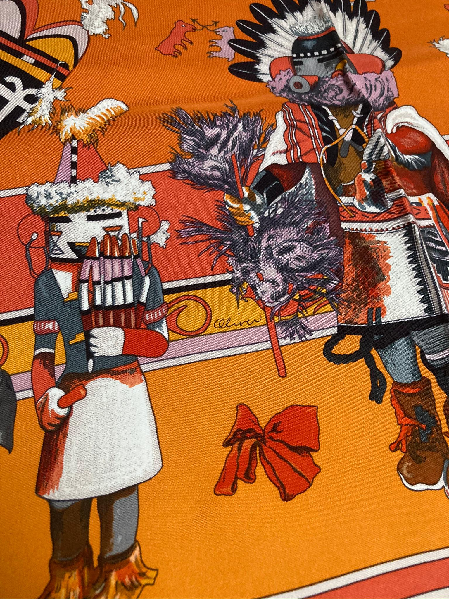 Women's or Men's Hermes Kachinas Silk Scarf in Orange Kermit Oliver c1990s