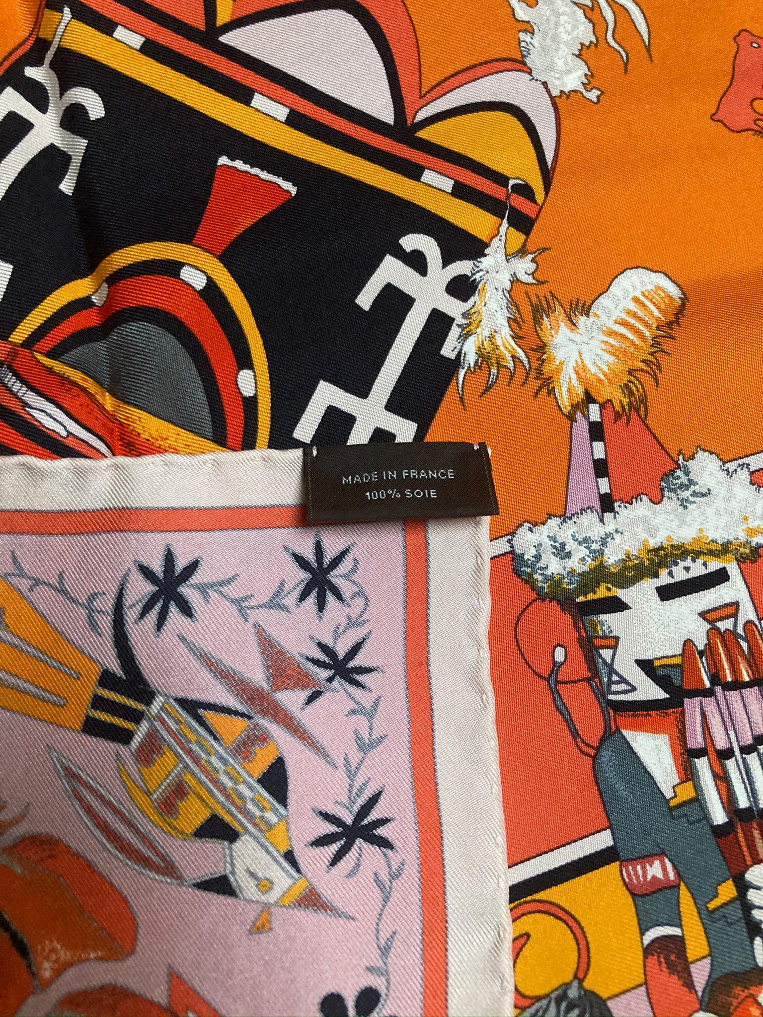 Hermes Kachinas Silk Scarf in Orange Kermit Oliver c1990s 1