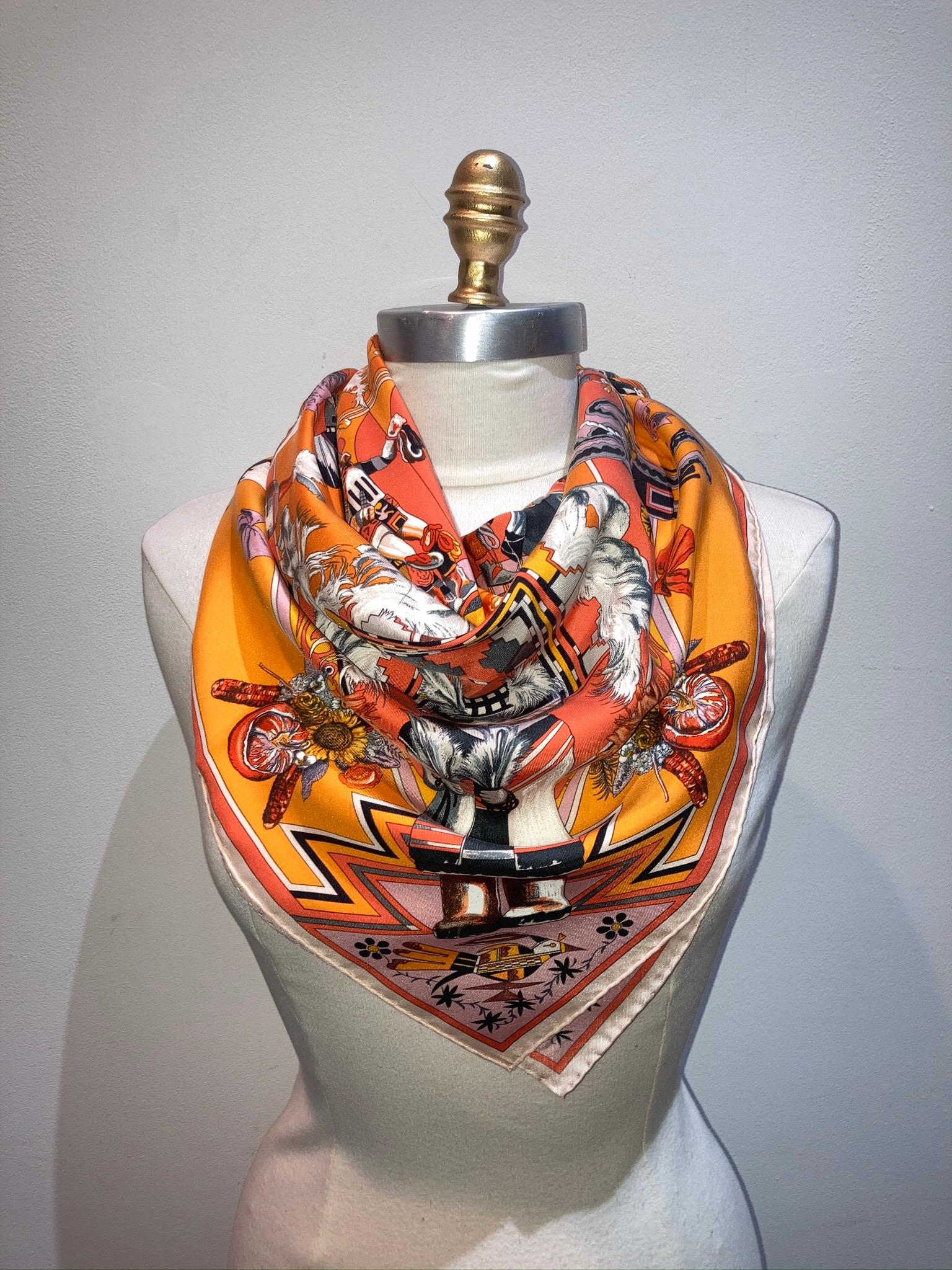 Hermes Kachinas Silk Scarf in Orange Kermit Oliver c1990s 3