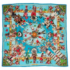 Hermès Kachinas Turquoise Silk Scarf