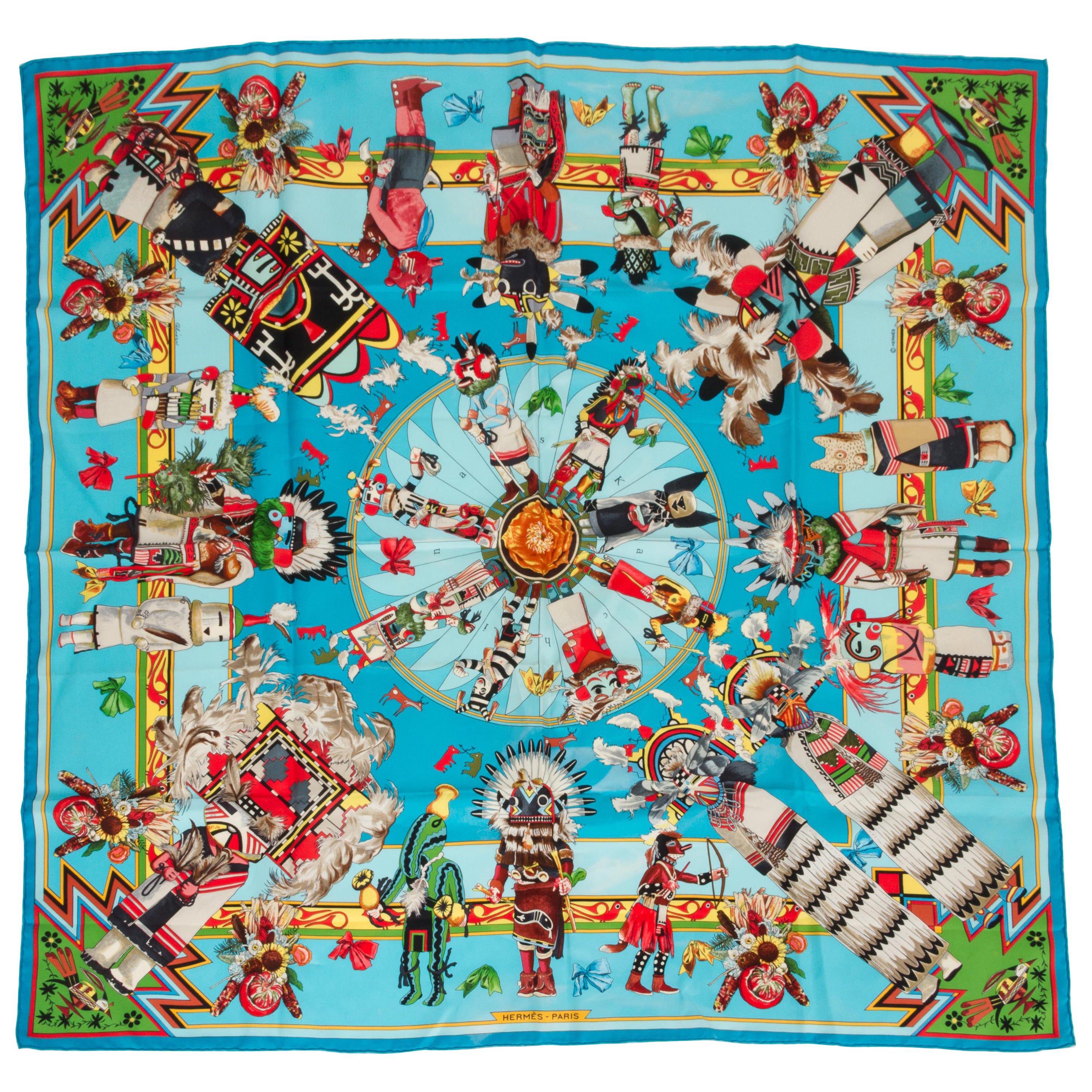 Hermès Kachinas Turquoise Silk Scarf Mint Condition For Sale