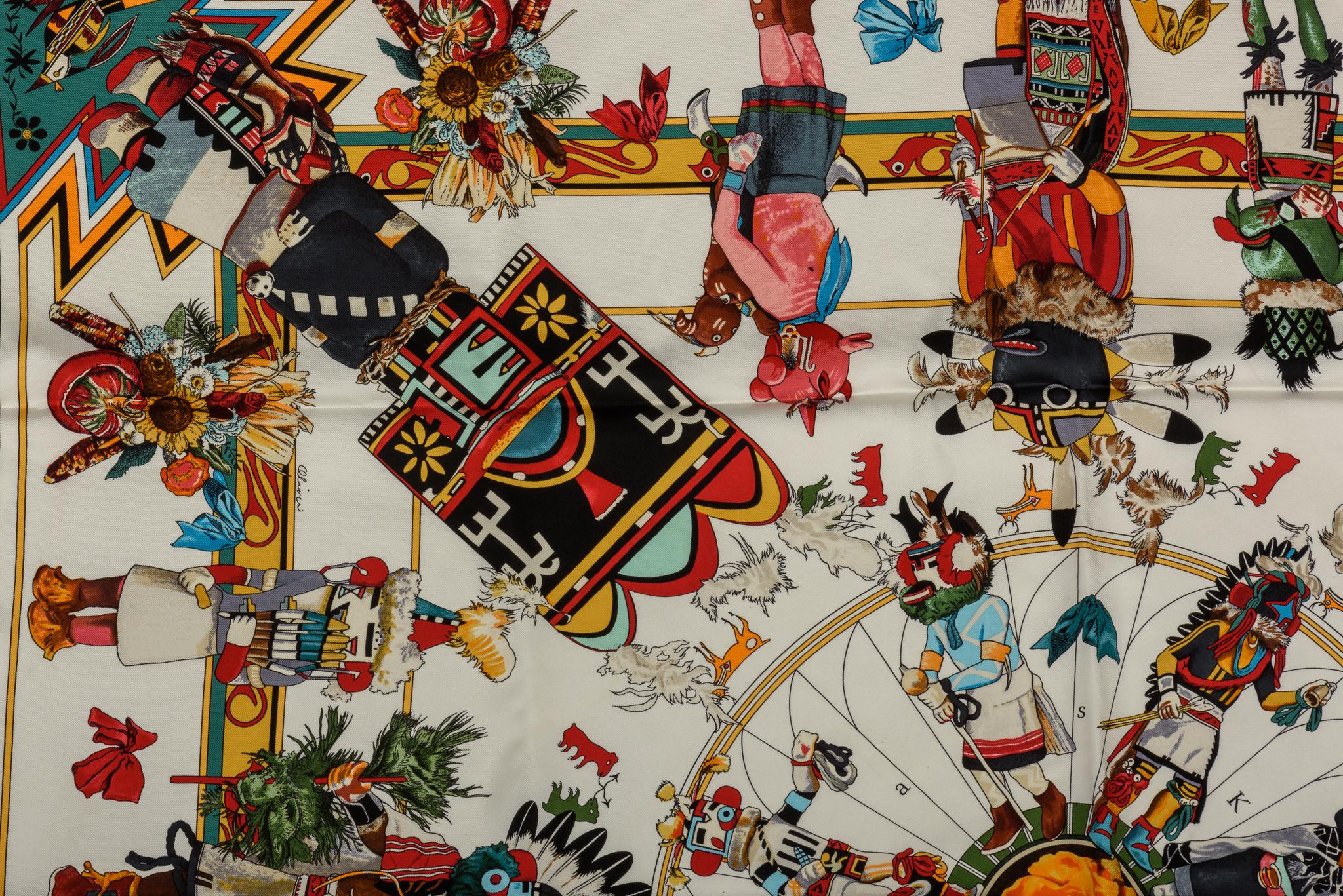 Hermes Kachinas coveted print scarf by Us artist Kermit Oliver. Great condition, hand rolled edges. Comes with care tag and original box.