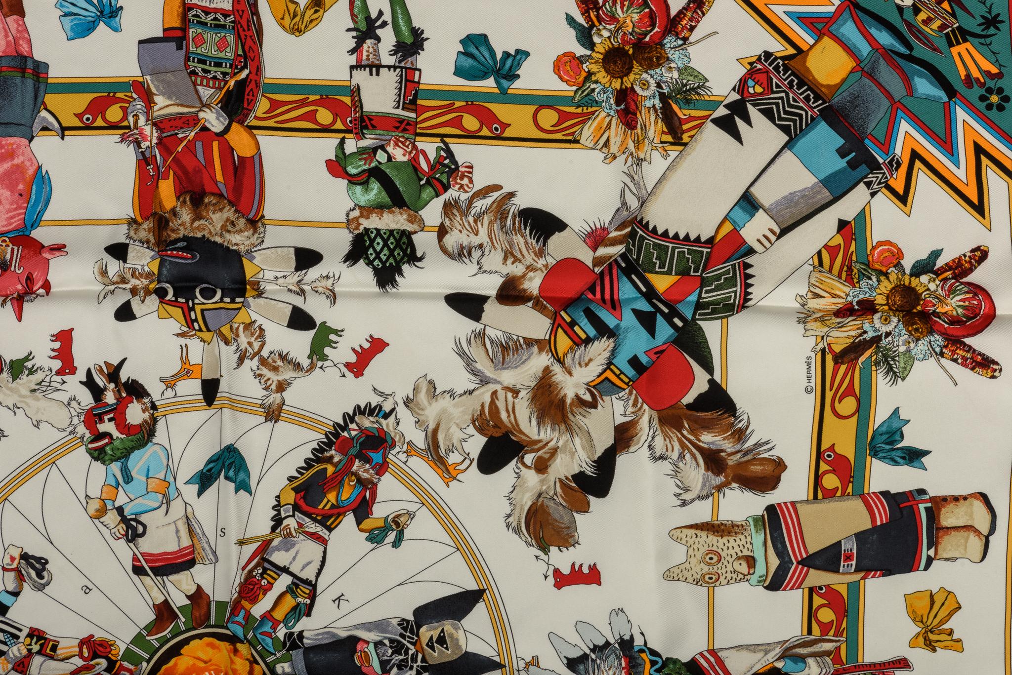 Hermes Kachinas White Silk Scarf by Kermit Oliver In Excellent Condition For Sale In West Hollywood, CA