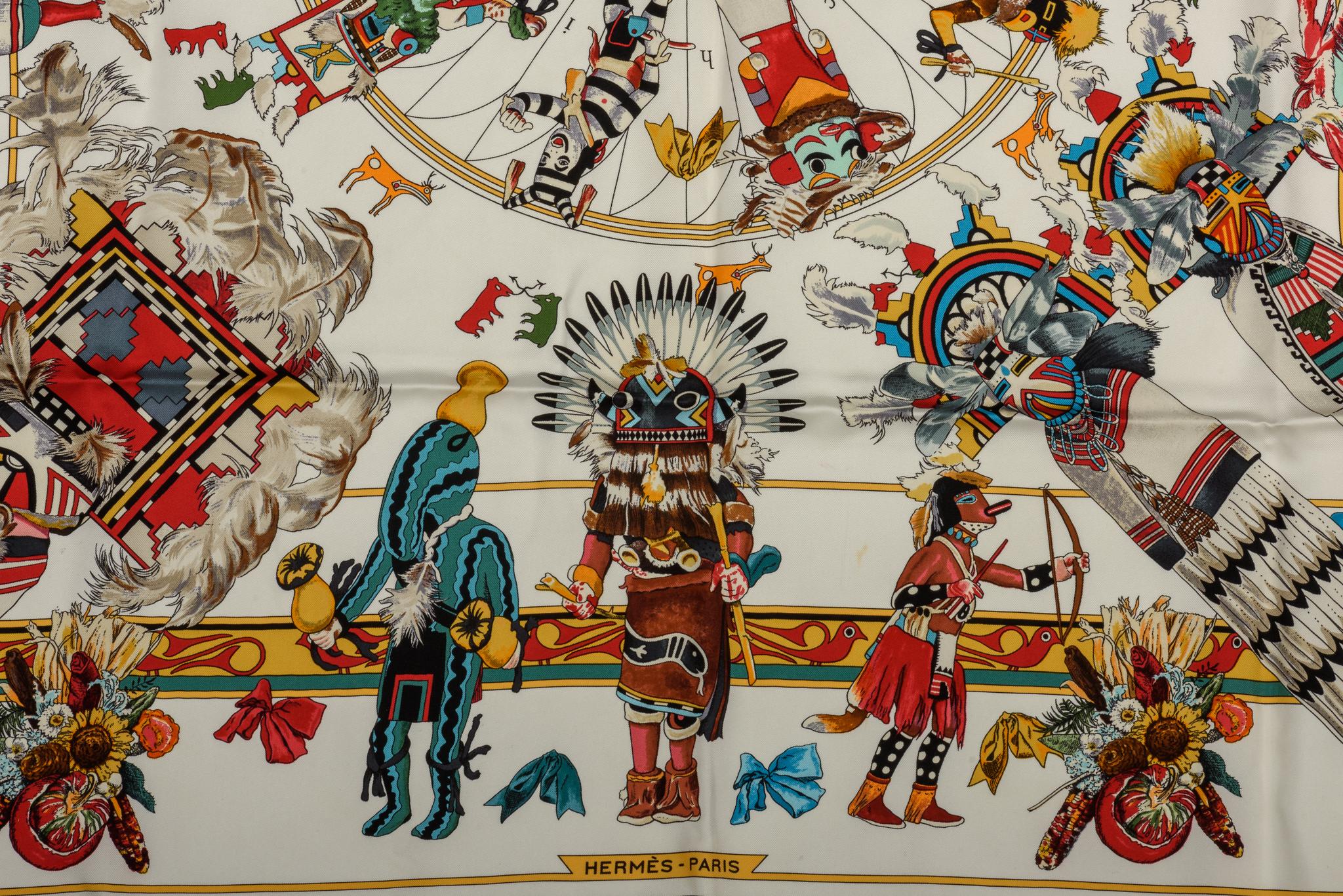 Women's Hermes Kachinas White Silk Scarf by Kermit Oliver For Sale