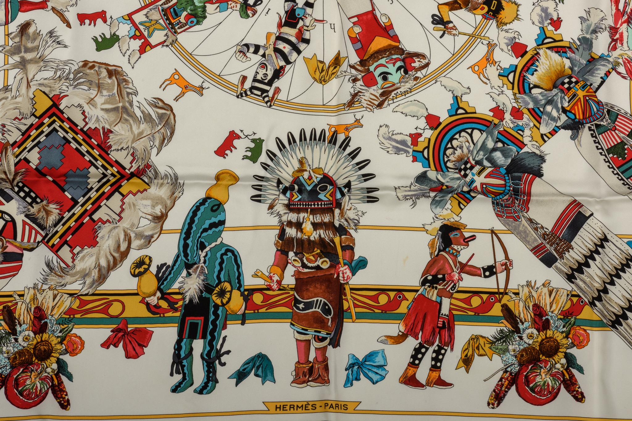 Brown Hermes Kachinas White Silk Scarf by Kermit Oliver