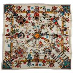 Hermes Kachinas White Silk Scarf by Kermit Oliver