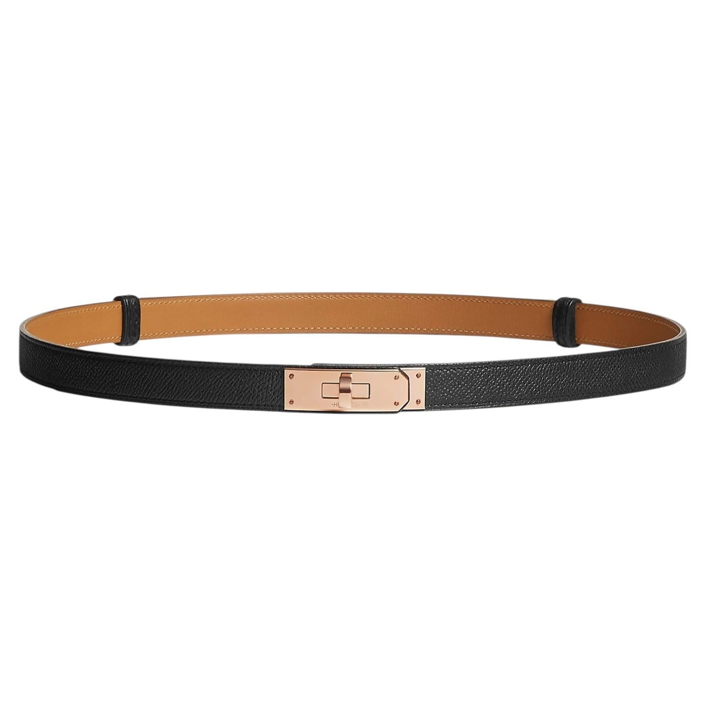 Hermes Kelly 18 Noir Epsom Calfskin Leather with Kelly Buckle Belt Rose Gold