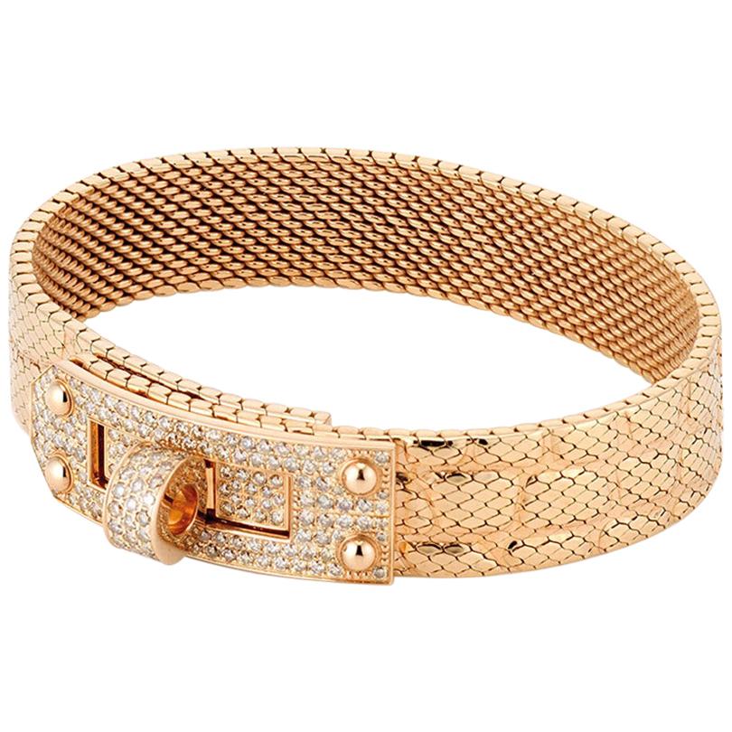 Hermès Kelly 18k Rose Gold and Diamond Milanese Mesh Bracelet 