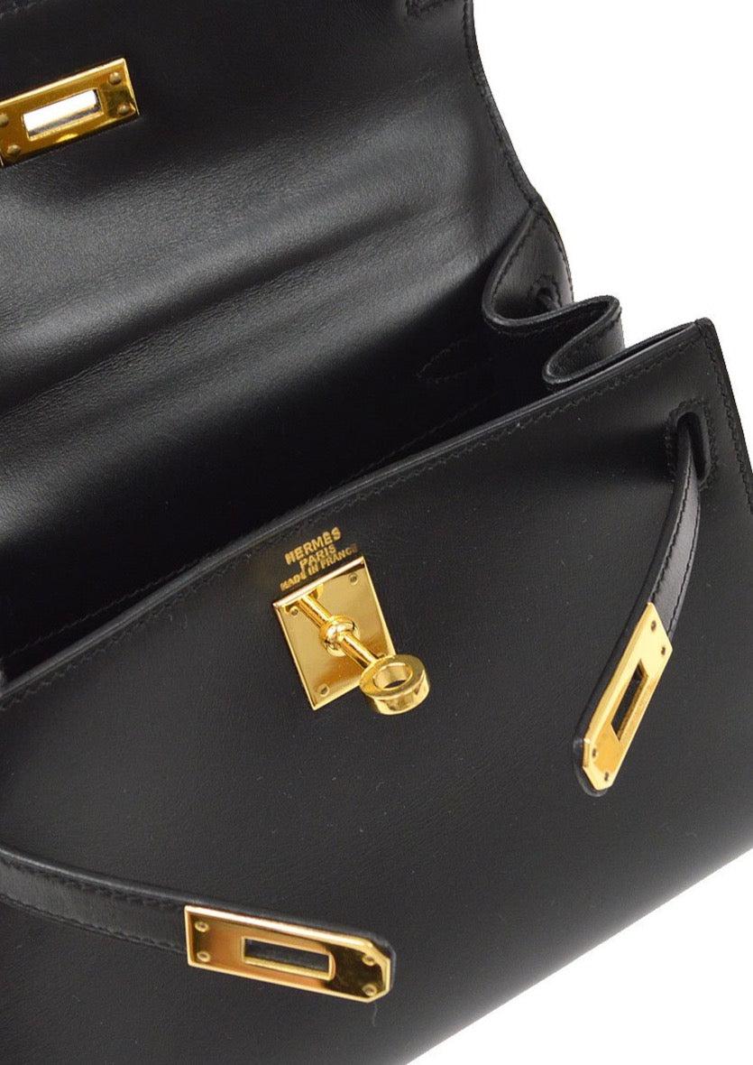 Women's HERMES Kelly 20 Black Box Calfskin Gold Small Mini Top Handle Satchel Bag