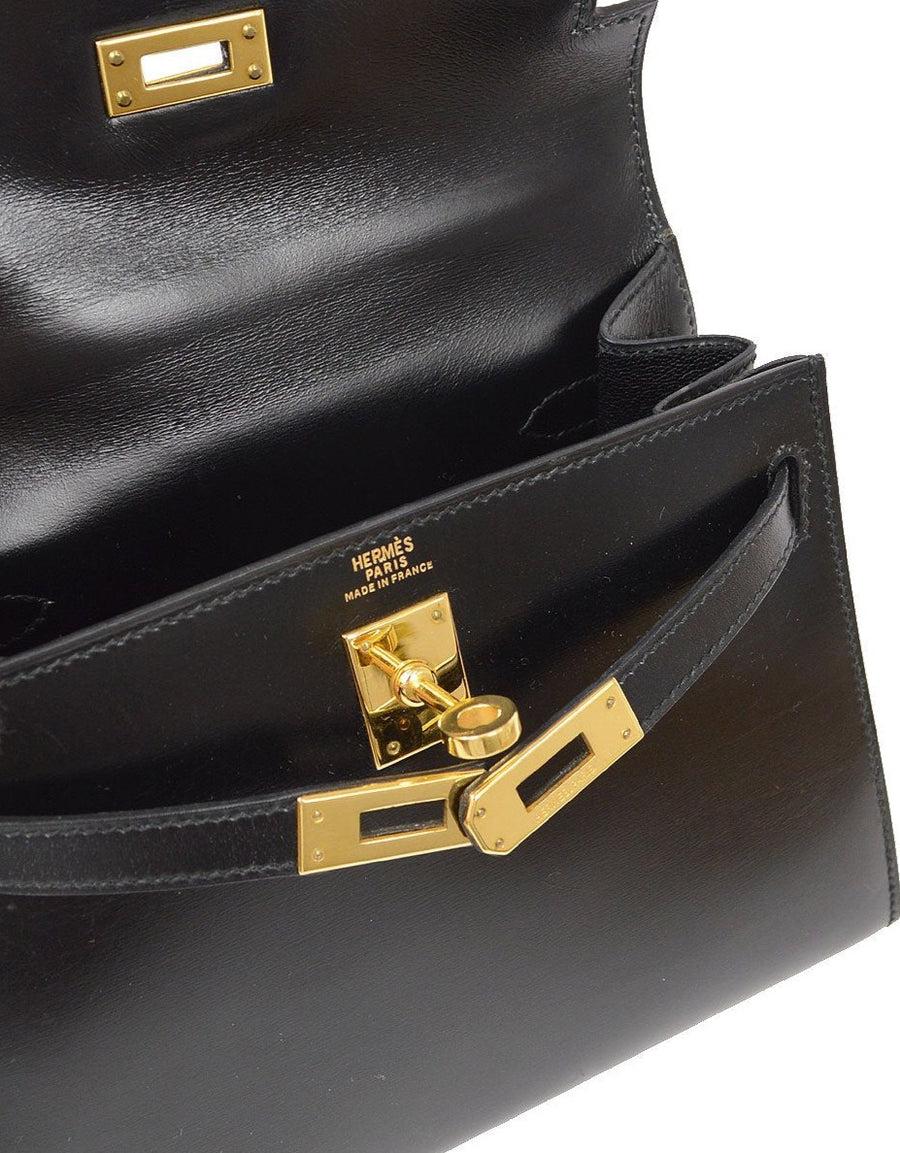 HERMES Kelly 20 Black Box Calfskin Leather Gold Hardware Small Top Handle Bag In Good Condition In Chicago, IL