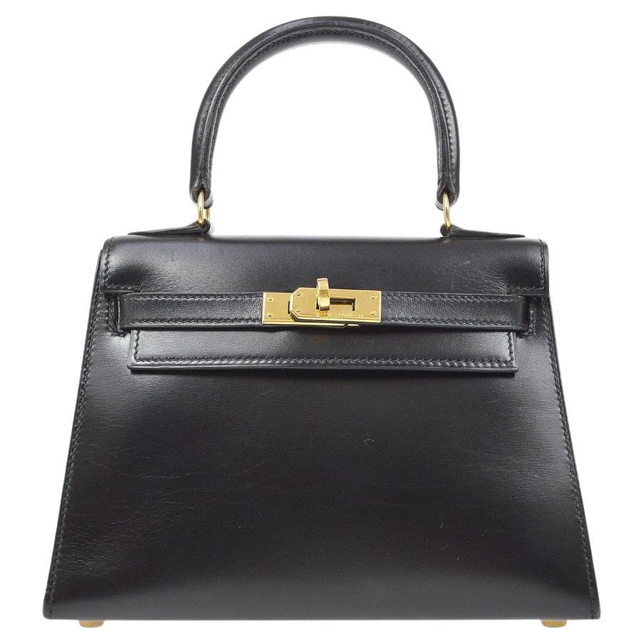 HERMES Kelly 20 Black Box Calfskin Leather Gold Hardware Small Top Handle Bag