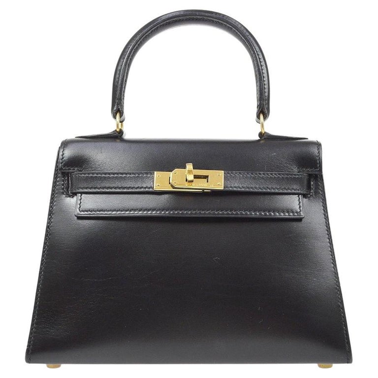 HERMES Kelly 20 Black Box Calfskin Leather Gold Hardware Small Top Handle Bag For Sale