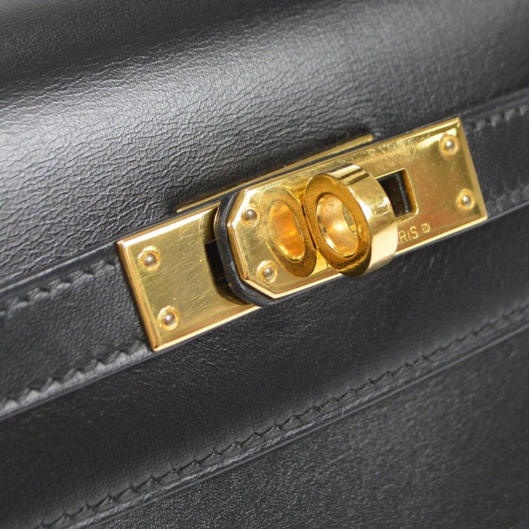 HERMES Kelly 20 Black Calfskin Box Leather Small Mini Top Handle Shoulder  Bag For Sale at 1stDibs